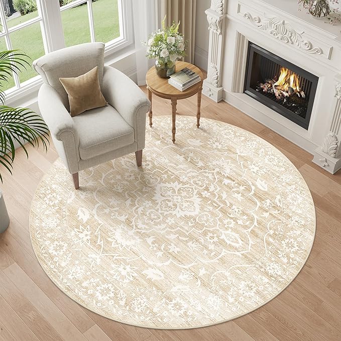 Soalmost Washable Round Rug 5ft for Living Room, Soft Circle Area Rug Beige | Vintage Floral Ultra-Thin Non-Slip Rugs, 5x5 Round Throw Carpet for Entryway Nursery Bedroom Kitchen Dining Room 5'Round