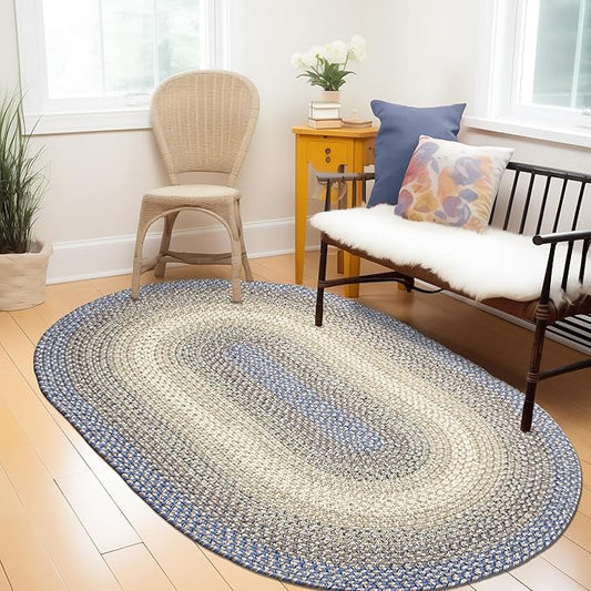 Super Area Rugs Braided Rugs 3X5 Farmhouse Kitchen Rug - Ridgewood Braided Rug for Living Room - Reversible - Indoor/Outdoor - Made in USA - Blue/Beige, 3' X 5' Oval