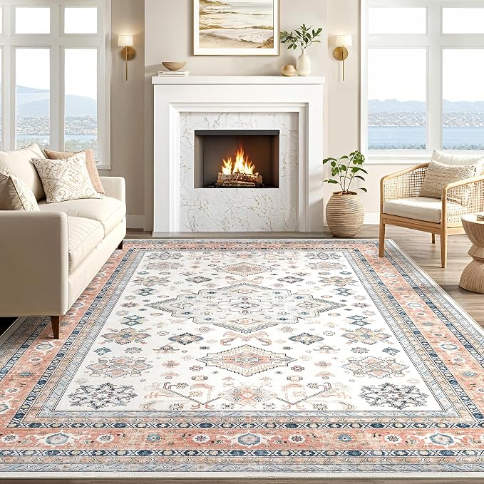 Vintage Living Room Area Rug 9x12 - Large Soft Washable Oriental Traditional Distressed Farmhouse Rugs for Bedroom - Indoor Floor Accent Carpet for Home Office House Decor - Coral Pink