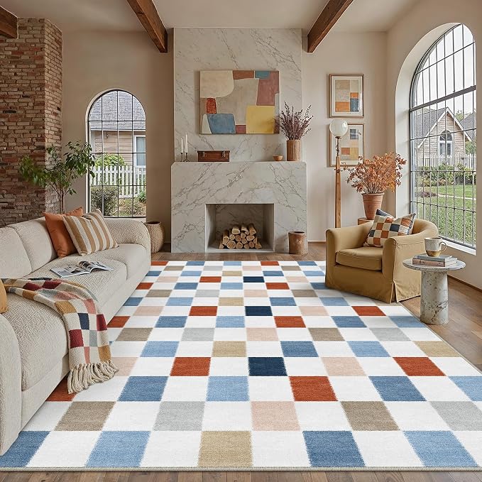 PureCozy Machine Washable 8x10 Area Rugs for Living Room Colorful Modern Soft Large Checkered Rug Non-Slip Low Pile Accent Indoor Office Carpet for Bedroom Dining Room Nursery Classroom