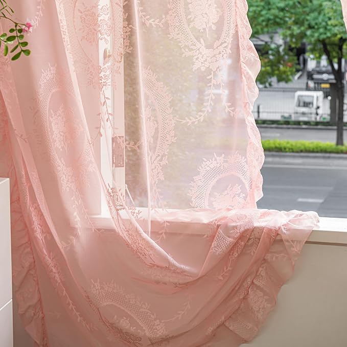 Sutuo Home Pink Lace Curtains Set of 2, Sheer Panels 63 Inch Length Rose Floral Embroidery Vintage Ruffled Window Treatment Pair for Bedroom Living Room, Shabby Chic Decor Rod Pocket, W57 x L63