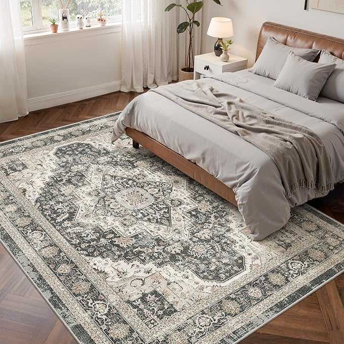 Roxstand 6x9 Area Rugs for Living Room, Washable Rug with Non-Slip Backing, Ultra-Thin Rugs for High-Traffic Areas, Super-Soft Floral Vintage Farmhouse Large Area Rug (Black/Beige, 6'x9')