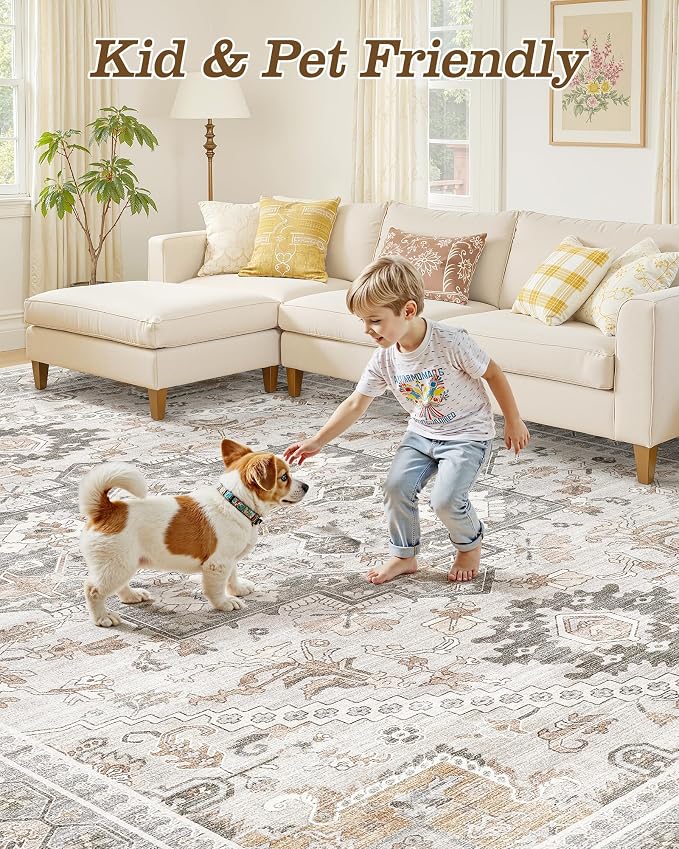 10x12 Vintage Area Rug: Washable Neutral Soft Non Slip Thin Large Floor Carpet for Living Room Bedroom Kitchen Dining Room Home Office Farmhouse Indoor - Taupe