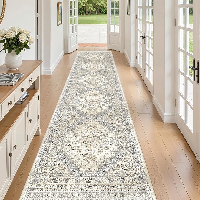 zesthome 2x12 Runner Rug, Long Hallway Rugs for Dining Room, Living Room, Bedroom, Machine Washable Kitchen Carpet Runner with Rubber Backing, Soft Low Pile Indoor Rug (Beige,2'x12')