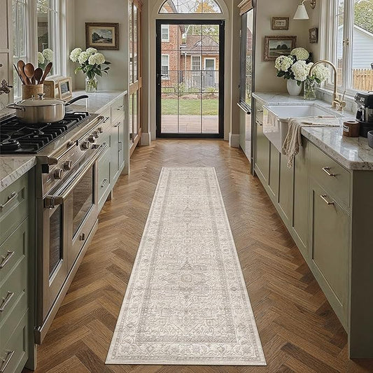 2x8 Washable Vintage Runner Rug Beige Oriental Hallway Kitchen Throw Rug Neutral Non Slip Soft Low Pile Carpet for Bathroom Laundry Bedroom Living Room