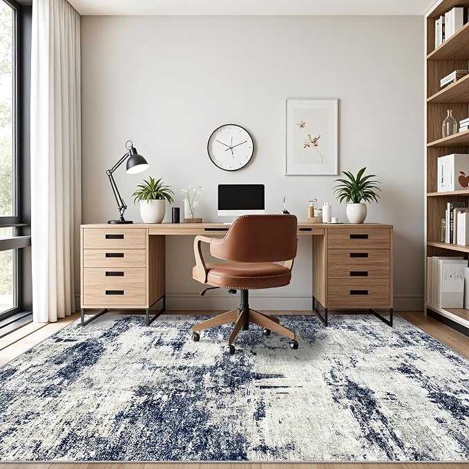 10x14 Area Rugs Living Room Rugs: Large Washable Rug with Anti-Slip Backing Non-Shedding Stain-Resistant Soft Abstract Carpet for Bedroom Dining Room Nursery Home Office-Blue/Gray