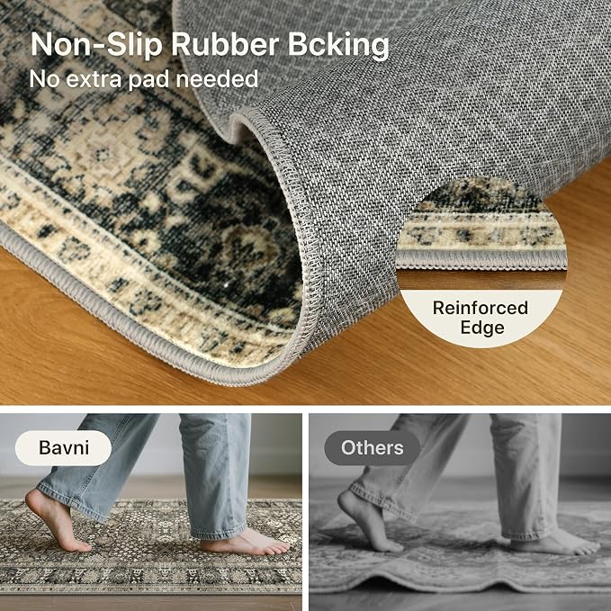 Bavni Washable Rugs 6x9 Machine Washable Rug Lightweight Low Pile, Vintage Floral Rug Non-Shedding Distressed Throw Carpet for Living Room Bedroom Office, Beige Brown