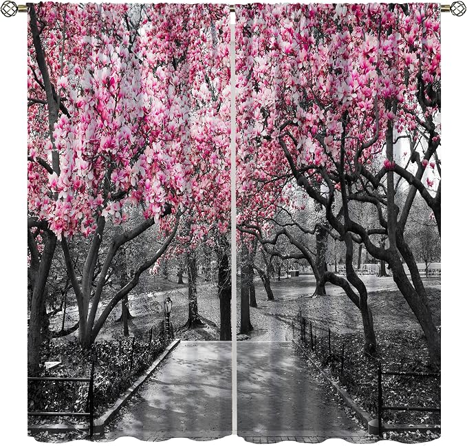 Cherry Blossom Forest Curtains for Kitchen,Vintage Rustic Pink Cherry Blossom Trees Forest Nature Landscape Window Treatments Print for Girls Kids Bedroom Living Room 42x45in（No Blackout）