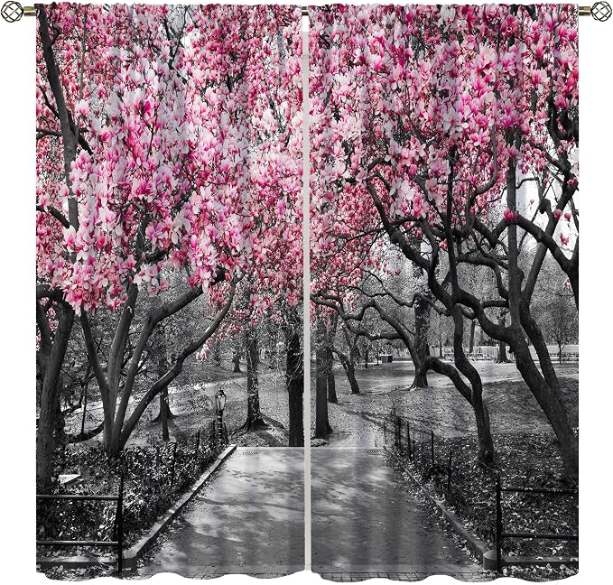 Cherry Blossom Forest Blackout Curtains for Kitchen,Vintage Rustic Pink Cherry Blossom Trees Forest Nature Landscape Window Treatments Print for Girls Kids Bedroom Living Room 72x63in