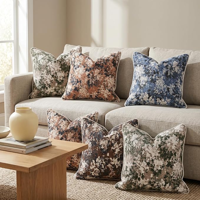 Vintage Floral Throw Pillow Covers 12x20 Inches Set of 2 Lumbar Boho Farmhouse Pillow Cases Premium Chenille Textured Decorative Cushion Covers for Couch Retro Garden Farmhouse Style Olive