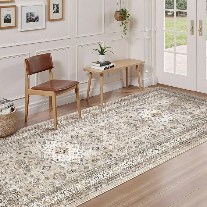 Vintage Hallway Runner Rug 3x8: Large Soft Washable Entryway for Kitchen Laundry Room Non-Slip Backing Runner for Entrance Living Room Bedroom Bathroom - Beige