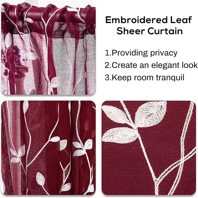 AmHoo 2 Panels Embroidered Leaf Pattern Semi Sheer Curtains Foliage Floral Voile Window Draperies Treatment for Bedroom Living Room Rod Pocket Burgundy Red 53 x 63 Inch