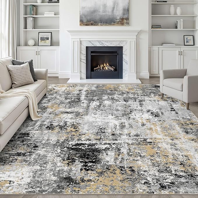 10x12 Area Rug Living Room: Washable Large Abstract Neutral Modern Soft Rug Stain Resistant Indoor Floor Non-Slip Accent Carpet for Bedroom Nursery Playroom Dining Room Office Dorm Home- Black Gold