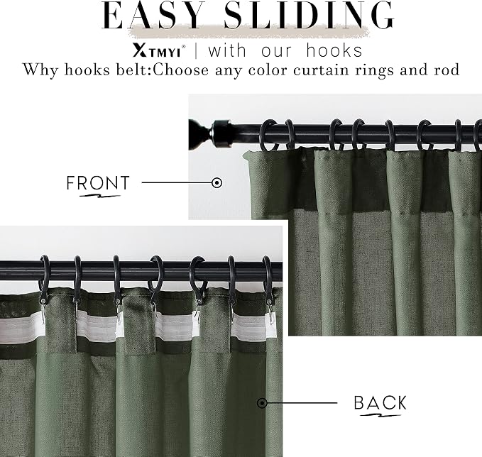 XTMYI 68 Inch Curtains 2 Panel Set,Linen Boho Semi Sheer Curtains for Bedroom Living Room,40x68 in Long,Olive Green