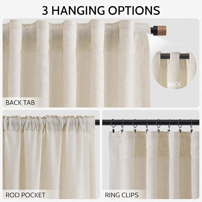 Nanspring Living Room Curtains 72 Inch Length Linen Birch Beige Luxury Light Filtering Semi Sheer Curtain Back Tab Modern Farmhouse Decor Elegant Coastal Drapes for Bedroom Office 52x72, 2 Panels