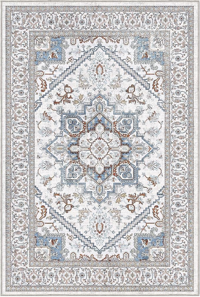 OPPODREAM Soft Neutral Area Rugs 5x7, 5x7 Washable Rug with Non Slip Backing, 5 x 7 Faux Cashmere Low-Pile Carpet, Cream White & Blue & Light Brown