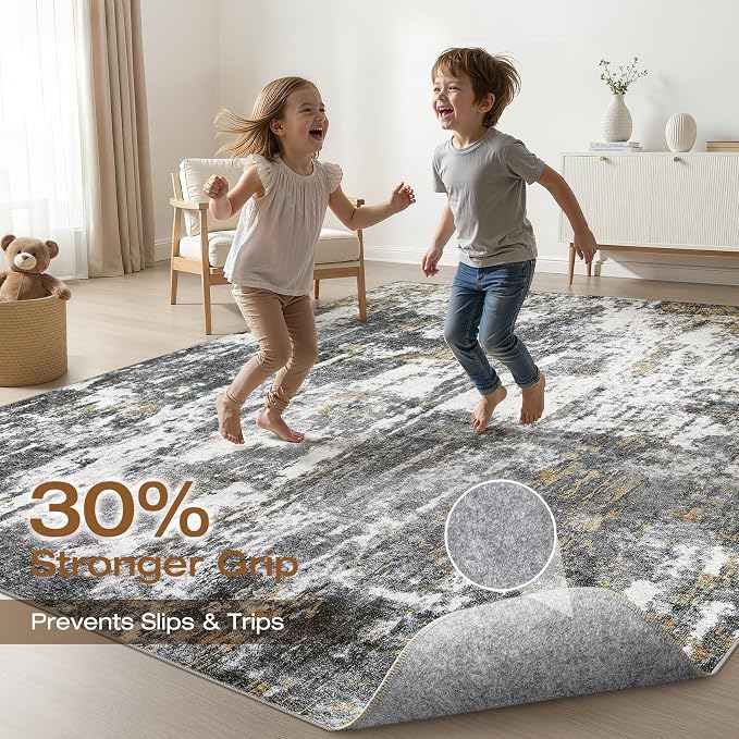 7x9 Area Rug Living Room: Washable Large Neutral Rug Abstract Soft Modern Stain Resistant Indoor Floor Non-Slip Carpet for Bedroom Nursery Kids Office Playroom Dining Room- Black White Gold