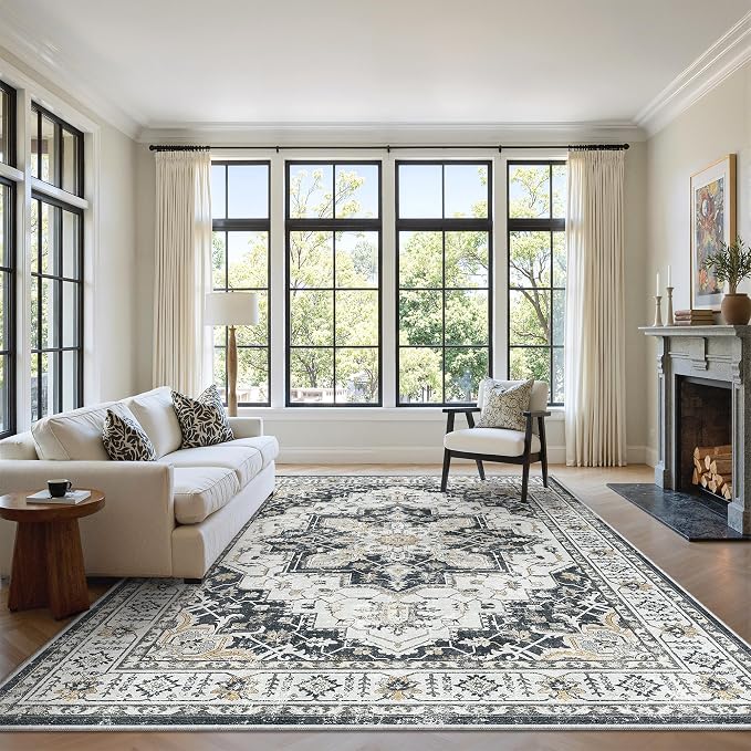 zesthome Washable Rug 6x9 Area Rugs,Stain Resistant Rugs for Living Room,Bedroom,Non-Slip Backing Home Decor Rug, Vintage Medallion Pattern Rugs (Black,6'x9')