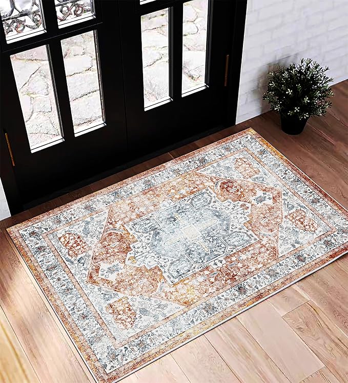 CHAMPLANT Area Rug 2x3 Washable Rug Door Mat Vintage Distressed Rug Doormat Indoor Entrance Traditional Thin Floral Print Non Slip Carpet for Kitchen Bathroom Bedroom Living Room