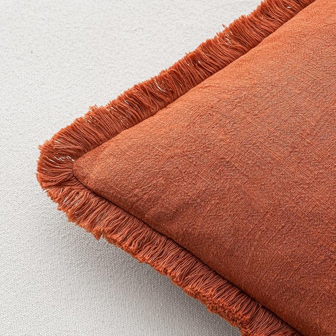 MIULEE Decorative Throw Pillow Covers Neutral Linen Fringe Throw Pillows Set of 2 Burnt Orange Boho Farmhouse Cushion Covers with Tassels for Couch Sofa Bed Living Room Fall Home Decor 18x18 Inch