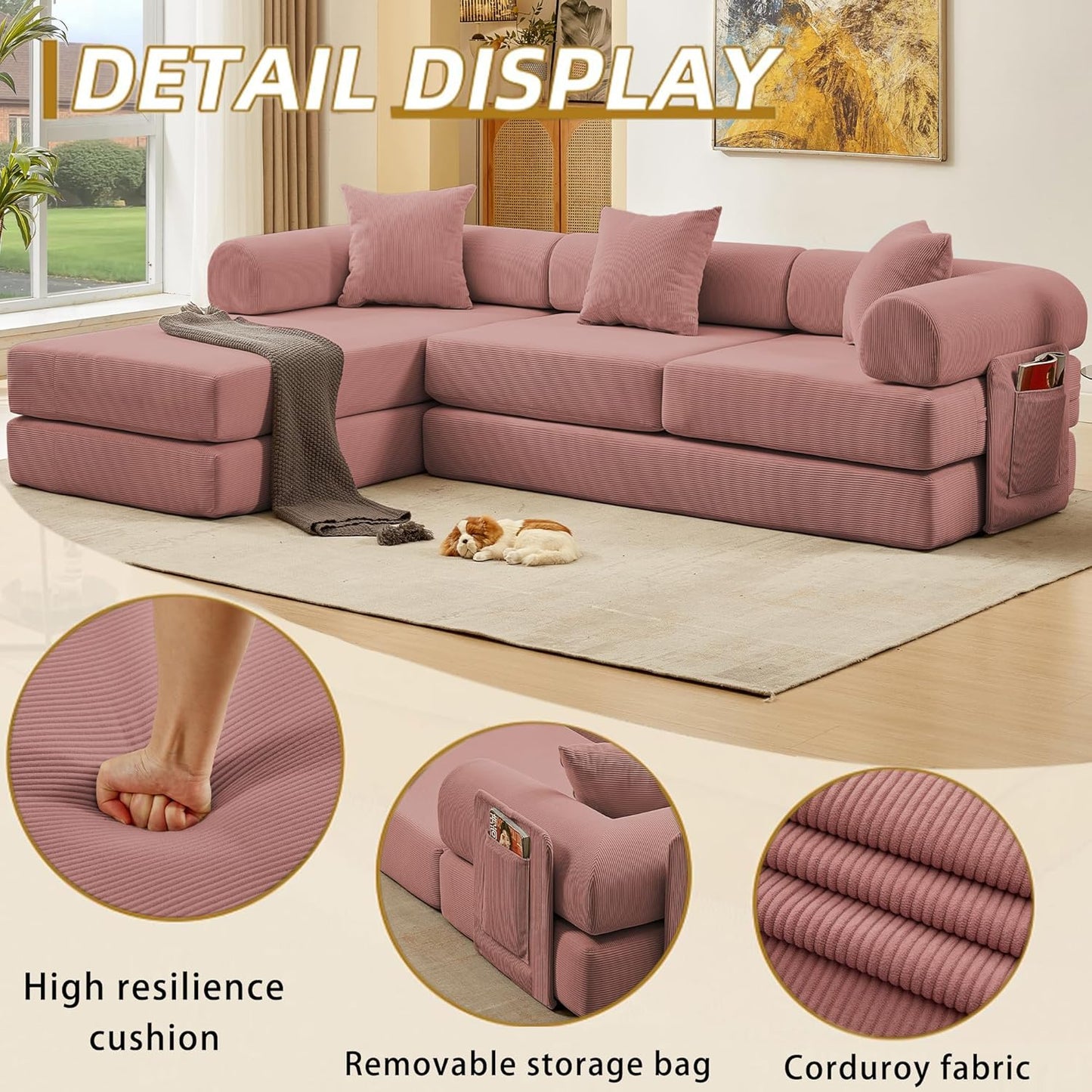 107" Oversized Convertible Sleeper Sofa Bed, Corduroy L Shape Sectional Couch, Folding Sofa Bed with Side Pocket, Modern Cloud Floor Mattress Couch, Modular Sofa for Living Room, Pink