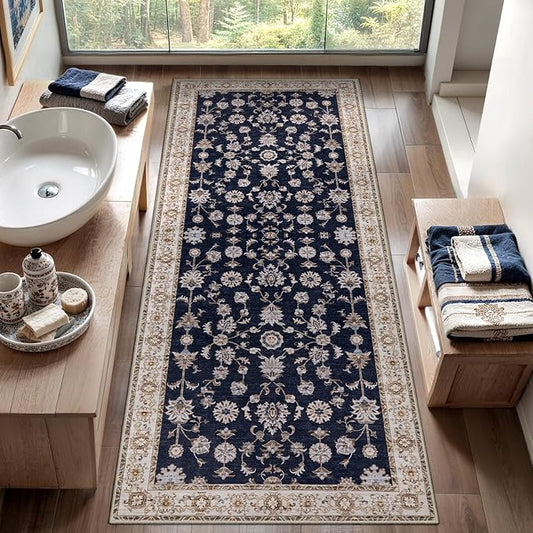 Tangsoo 2x6 Washable Runner Rug for Hallway Non Slip, Boho Vintage Black Beige Floral Rug Runners for Kitchen Entryway,Floor Carpet Soft Low Pile Indoor Mat for Bedroom Bathroom Laundry Dinning