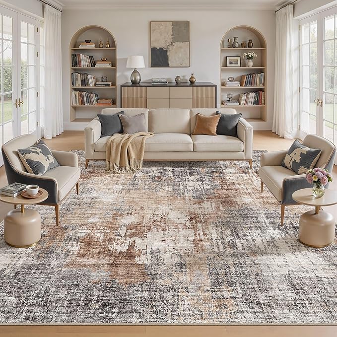 DMOYEST Square Area Rug Living Room Rugs - 10x10 Washable Large Soft Indoor Neutral Modern Abstract Low Pile Rug Carpet for Bedroom Dining Room Farmhouse Home Office - Grey Brown