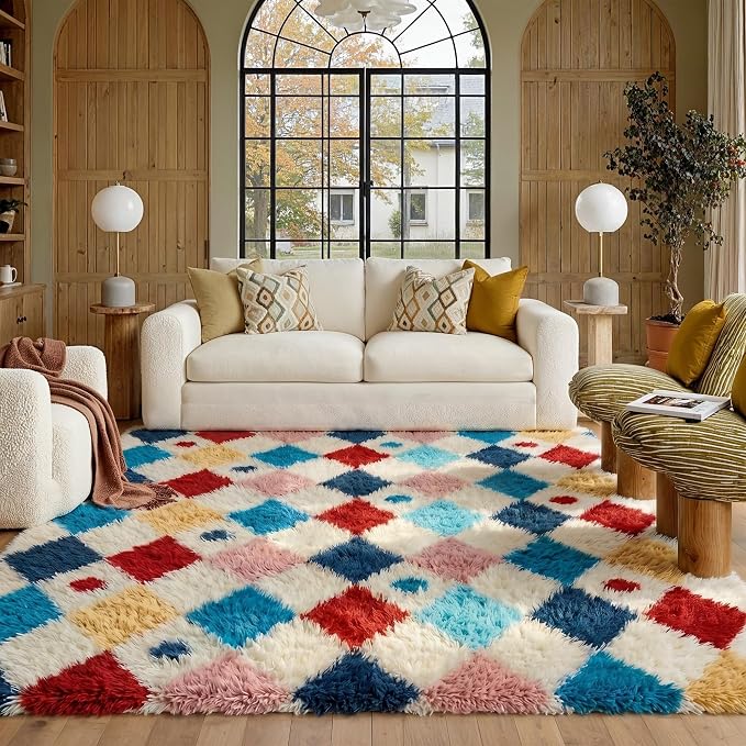 PureCozy Checkered Rug 5x8 Fluffy Shag Living Room Colorful Area Rug Modern Washable Carpet Soft Shaggy Non Slip Indoor Plush Fuzzy Rugs for Bedroom Dorm Office Home Aesthetic Decor