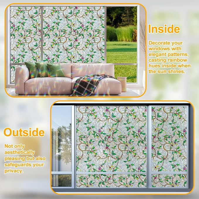 Window Privacy Film Stain Glass Window Film Rainbow Window Film Window clings Non-Adhesive Reusable Decorative for Room (Rainbow Vine, 17.5 X 78.7 in)