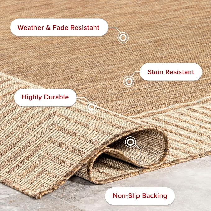Nuloom Asha Light Brown/Ivory, 8' x 10', Casual, Striped Border, Soft and Cozy, High Traffic, Easy Clean, Durable Area Rug for Indoor/Outdoor Patio, Deck, Porch, Garden, Courtyard