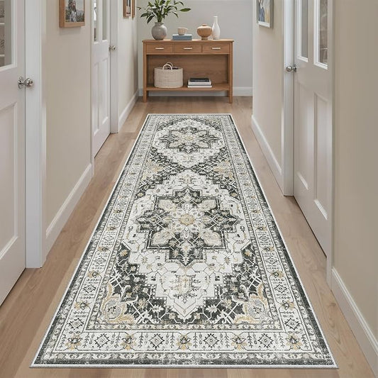 Madane Kitchen Runner 2'6''x8' Soft Rug Runners for Hallways, Black | Vintage Machine Washable Rugs 2.5x8 Ft, Non-Slip Low Pile Stain-Resistant 8ft Floor Carpet for Laundry Room, Corridor