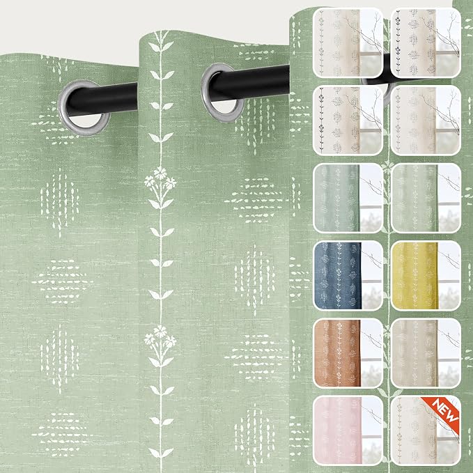 Sage Green Spring Cottage Core Curtains for Living Room, 63 Inch Length Floral Gingham Plaid Inspired Patterned Look, Semi Sheer Cottagecore Curtains for Bedroom Nursery 2 Panels Set