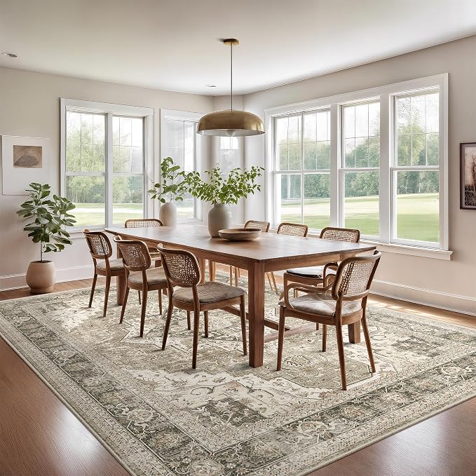 Roxstand Washable Rugs 9x12, Large Area Rugs 9x12 Living Room with Non-Slip Backing, Super-Soft Floral Vintage Rug, Low Pile Area Rug for Bedroom, Dining Room, Office (Brown/Beige, 9'x12')