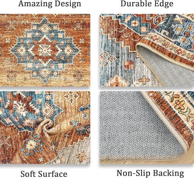 Roxstand 6x9 Area Rug for Living Room, Washable Vintage Thin Rugs with Non-Slip Backing Indoor Floor Carpet, Stain Resistant Area Rugs for Bedroom Dining Room (Navy/Orange, 6'x9')