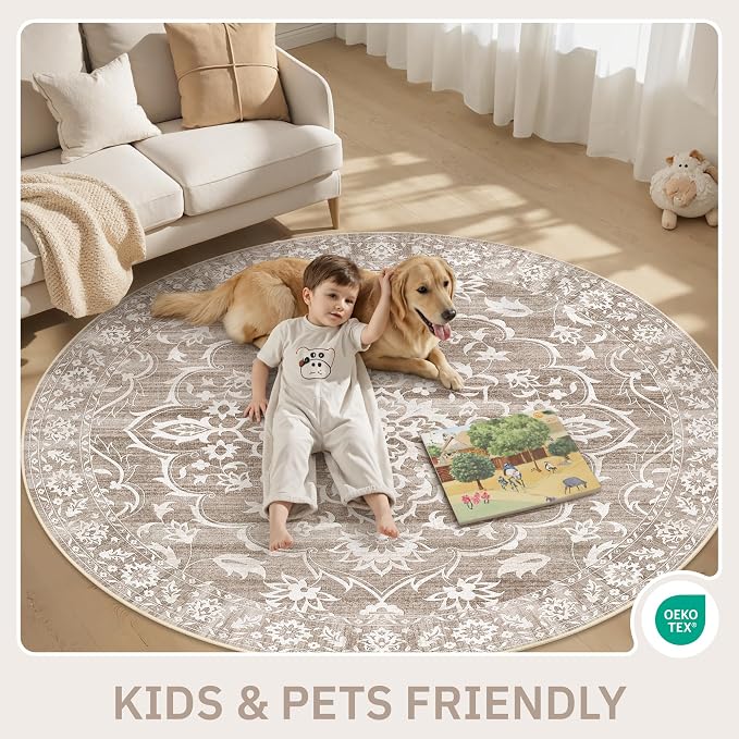 Soalmost Washable Round Rug 6ft for Living Room,Soft Circle Rug Light Brown | Vintage Floral Ultra-Thin Non-Slip 6x6 Round Throw Carpet for Entryway Nursery Bedroom Kitchen Dining Room 6'Round