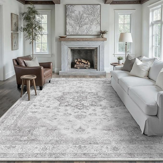 PureCozy Grey Gray Area Rug 8x10 Washable Vintage Carpet for Living Room Bedroom Large Soft Retro Low Pile Thin Indoor Rug Non Slip Oriental Medallion Floor Cover for Dining Room Office