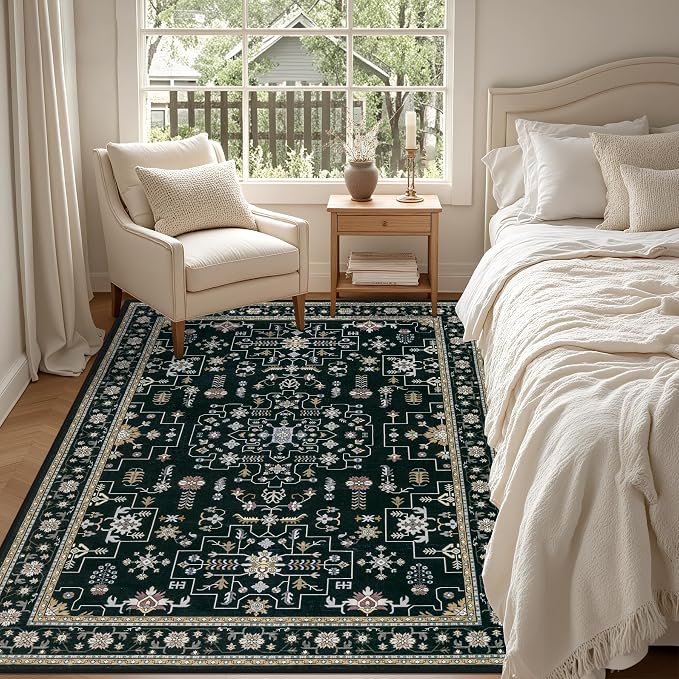 3x5 Area Rugs Living Room Rug: Washable Vintage Boho Medallion Rug No Slip Stain Resistant Soft Carpet Indoor Floor Large Carpets for Bedroom Dining Room Farmhouse Nursery Hallway Home Office Black
