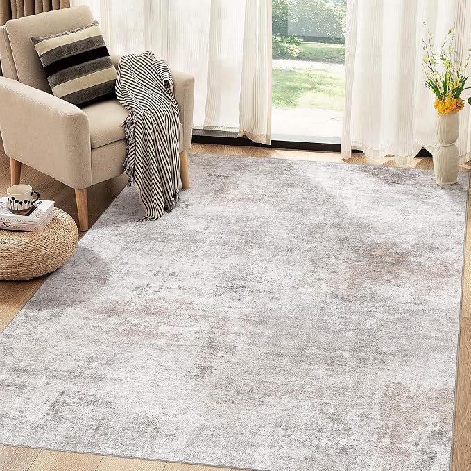 Abstract 6x9 Area Rug: Machine Washable Non Slip Ultra Thin Low-Pile Carpet, Soft Stain Resistant for Living Room Bedroom Nursery, Kid Pet Friendly, Robot Vacuum Compatible - Brown Grey
