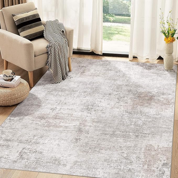 Abstract 5x7 Area Rug: Machine Washable Non Slip Ultra Thin Low-Pile Carpet, Soft Stain Resistant for Living Room Bedroom Nursery, Kid Pet Friendly, Robot Vacuum Compatible - Brown Grey