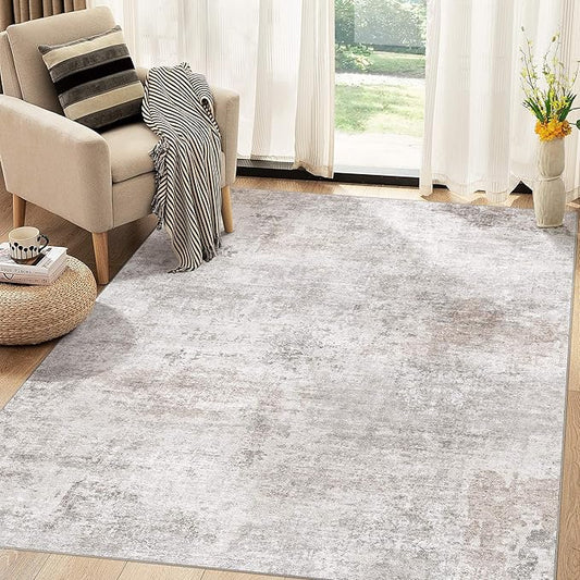 Abstract 5x7 Area Rug: Machine Washable Non Slip Ultra Thin Low-Pile Carpet, Soft Stain Resistant for Living Room Bedroom Nursery, Kid Pet Friendly, Robot Vacuum Compatible - Brown Grey