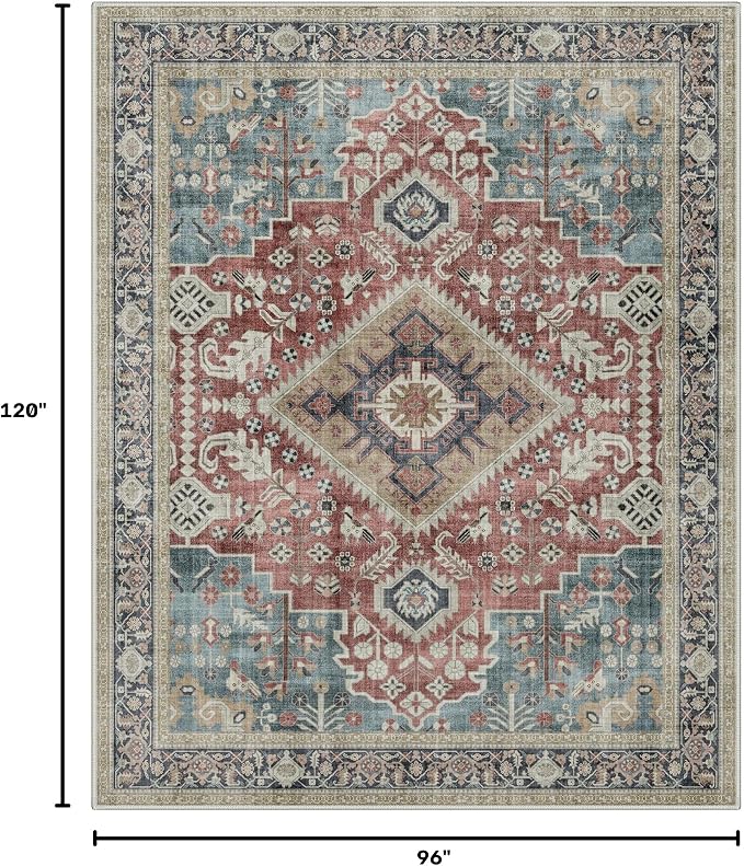 GENIMO 8X10 Washable Vintage Area Rugs for Living Room, Non-Slip Low Pile Chenille Print Rug, Soft Rugs for Bedroom Dining Room Home Office, Indigo & Flush