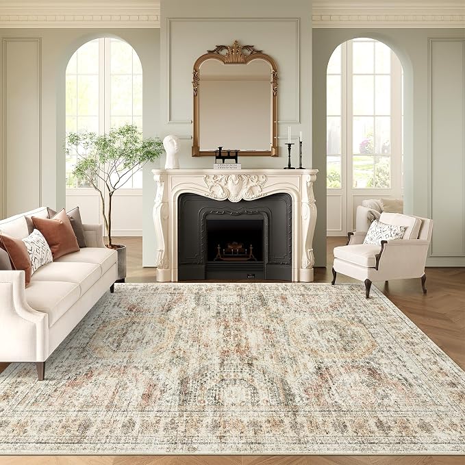 Soalmost 9x12 Area Rugs for Living Room, Non Slip Machine Washable Vintage Rugs, Low Pile Lightweight Large Rug for Bedroom, Dining Room, Home Office Brown Pink