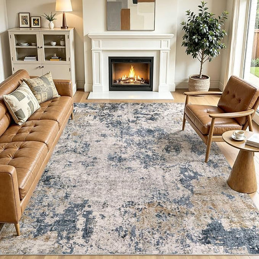 Area Rugs 6x9 Living Room: Washable Large Abstract Modern Neutral Soft Rug Stain Resistant Non-Slip Backing Carpet for Bedroom Dining Room Indoor Nursery Dorm Home Office Decor - Blue Brown