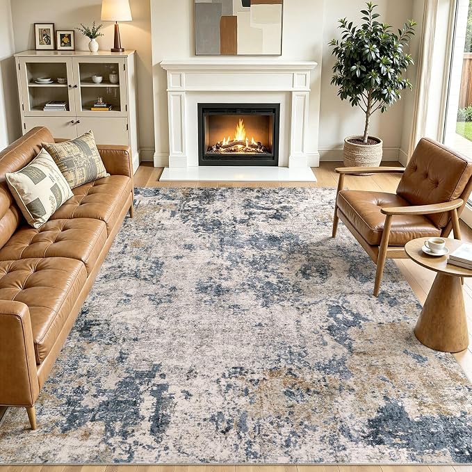 Area Rugs 5x7 Living Room: Washable Large Abstract Modern Neutral Soft Rug Stain Resistant Non-Slip Backing Carpet for Bedroom Dining Room Indoor Nursery Dorm Home Office Decor - Blue Brown