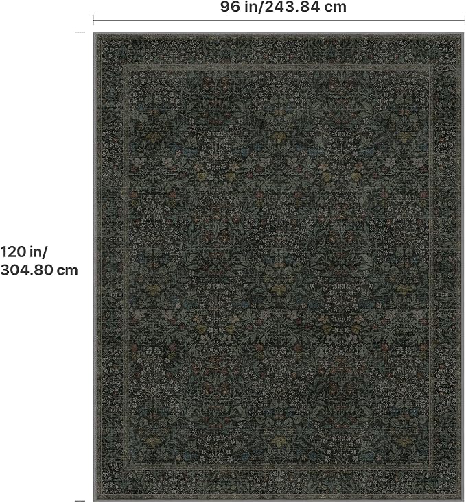 GENIMO 8x10 Washable Area Rugs for Living Room, Non Slip, Charcoal Green | Vintage Boho Floral Low Pile Thin Carpet for Bedroom, Dining Room, Nursery, Indoor Decor