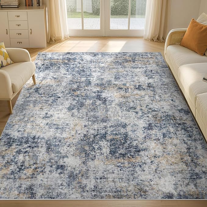 Tortania Washable 6x9 Area Rug for Living Room: Modern Abstract Neutral Large Soft Thin Rugs - Non Slip Indoor Carpet for Bedroom Dining Room Office Nursery Home Floor Decoration - Blue Grey