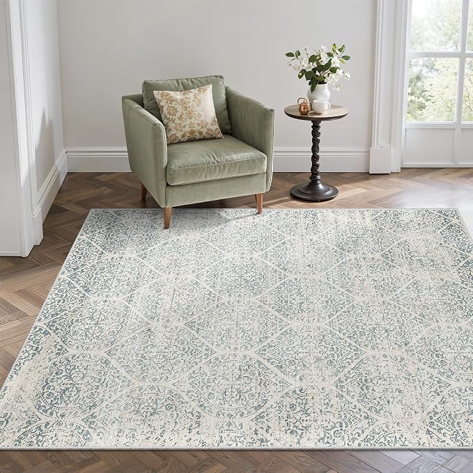 Soalmost Washable Area Rugs 4x6 for Living Room, Moroccan Trellis Soft Rug | Stain Resistant Low Pile Thin Carpet for Dining Room Bedroom Kitchen Home Office Nursery Teal Blue, 4'x6'
