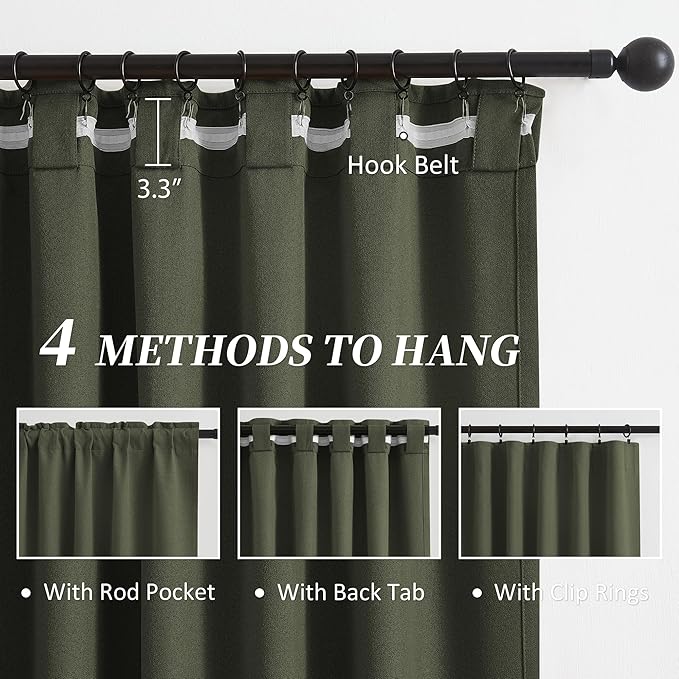 KEQIAOSUOCAI Dark Olive Green Blackout Curtains 102 Inches Long 2 Panels Set- Faux Linen Textured Black Out Thermal Insulated Noise Reduction Winodw Draper for Bedroom and Living Room 50x102-in
