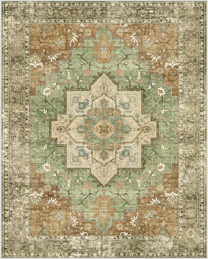 GENIMO 8x10 Area Rugs for Living Room, Machine Washable Rug, Non Slip Indoor Vintage Rug, Low Pile Lightweight Print Carpet for Bedroom Dining Room Home Office, Muted Green Brown