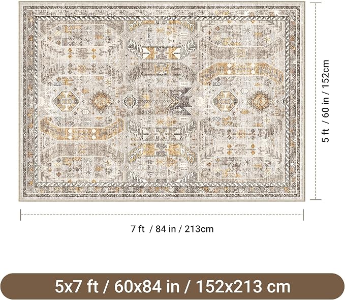 befbee 5x7 Area Rugs for Living Room,Stain Resistant Washable Rug,Non-Slip Backing Rugs for Bedroom,Kitchen,Printed Vintage Home Decor Rug (Brown/Gold, 5'x7')